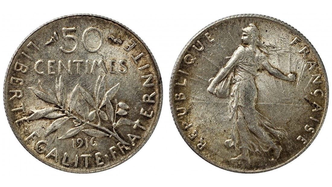 Fransa 1916 Yılı 50 Centime Gümüş ÇİL