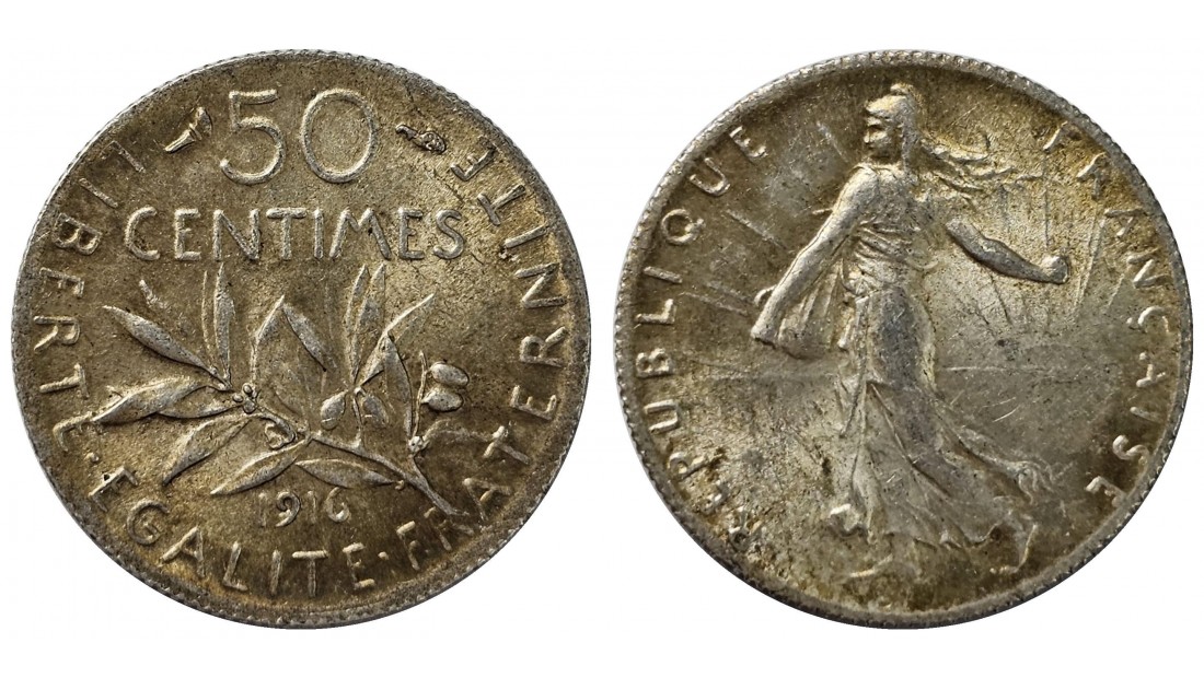 Fransa 1916 Yılı 50 Centime Gümüş ÇİL