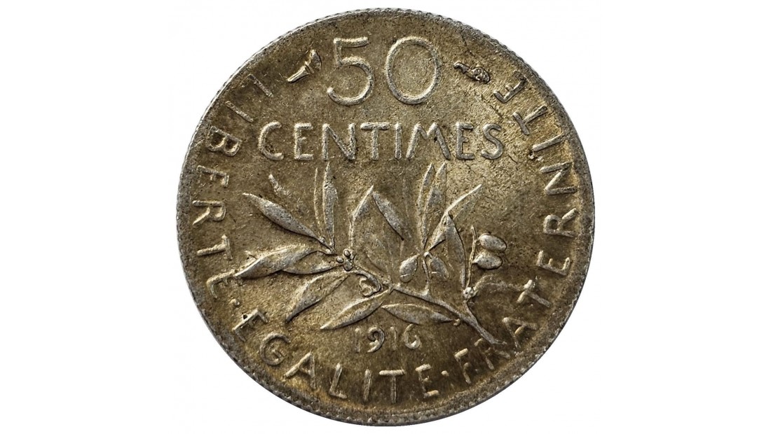 Fransa 1916 Yılı 50 Centime Gümüş ÇİL