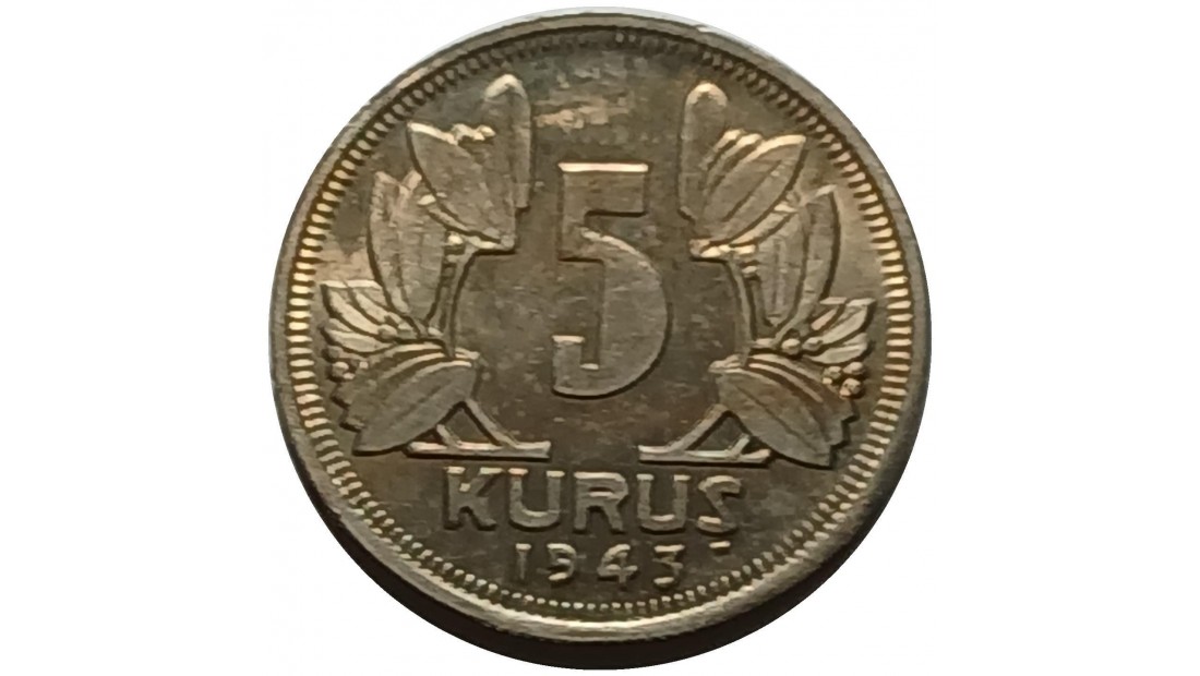 1943 Yılı Nikel 5 Kuruş ÇİL(+)
