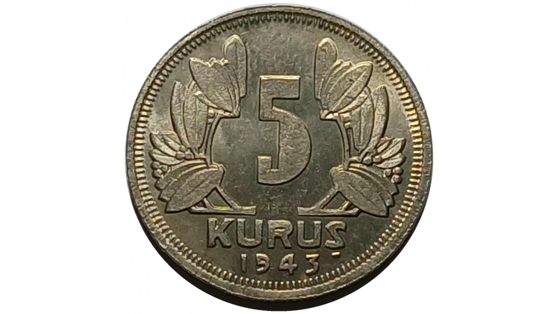 1943 Yılı Nikel 5 Kuruş ÇİL(+)