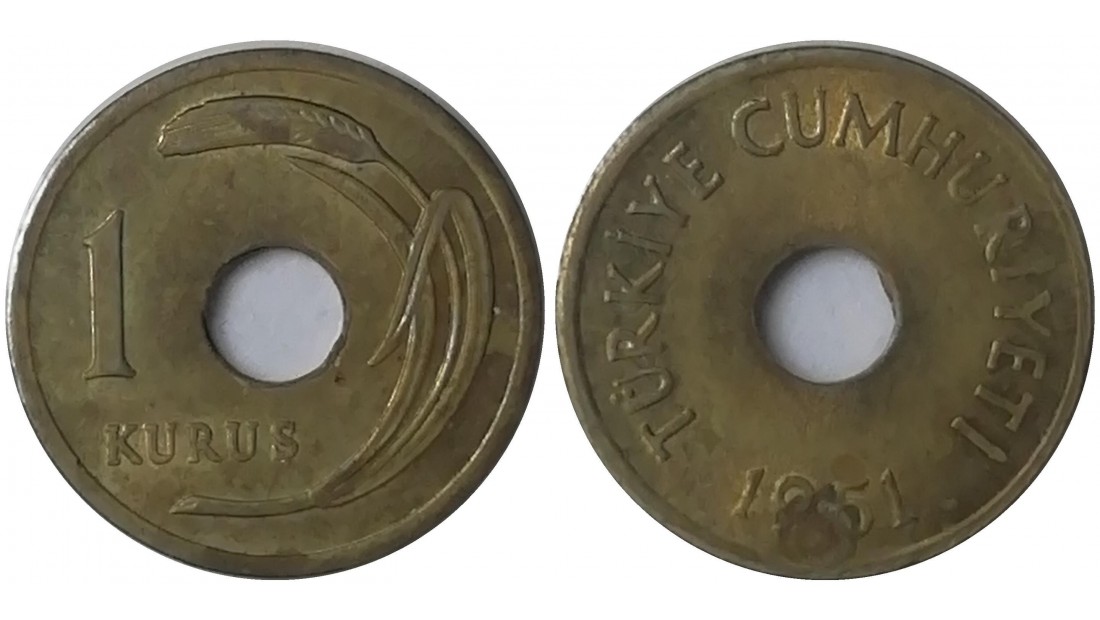 1951 Yılı 1 Kuruş Delikli ÇİL (-)